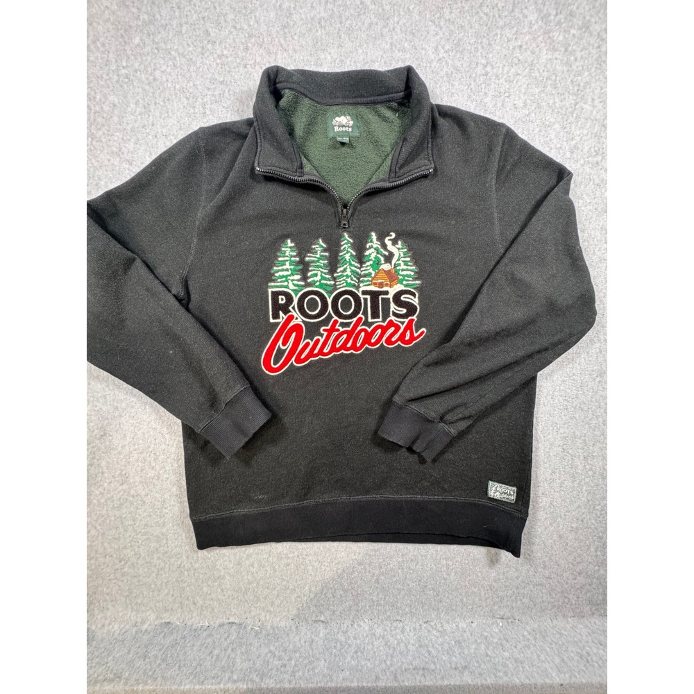 Roots Outdoors Mens XXL Quarter Zip Fleece Sweatshirt Grey Embroidered Cabin